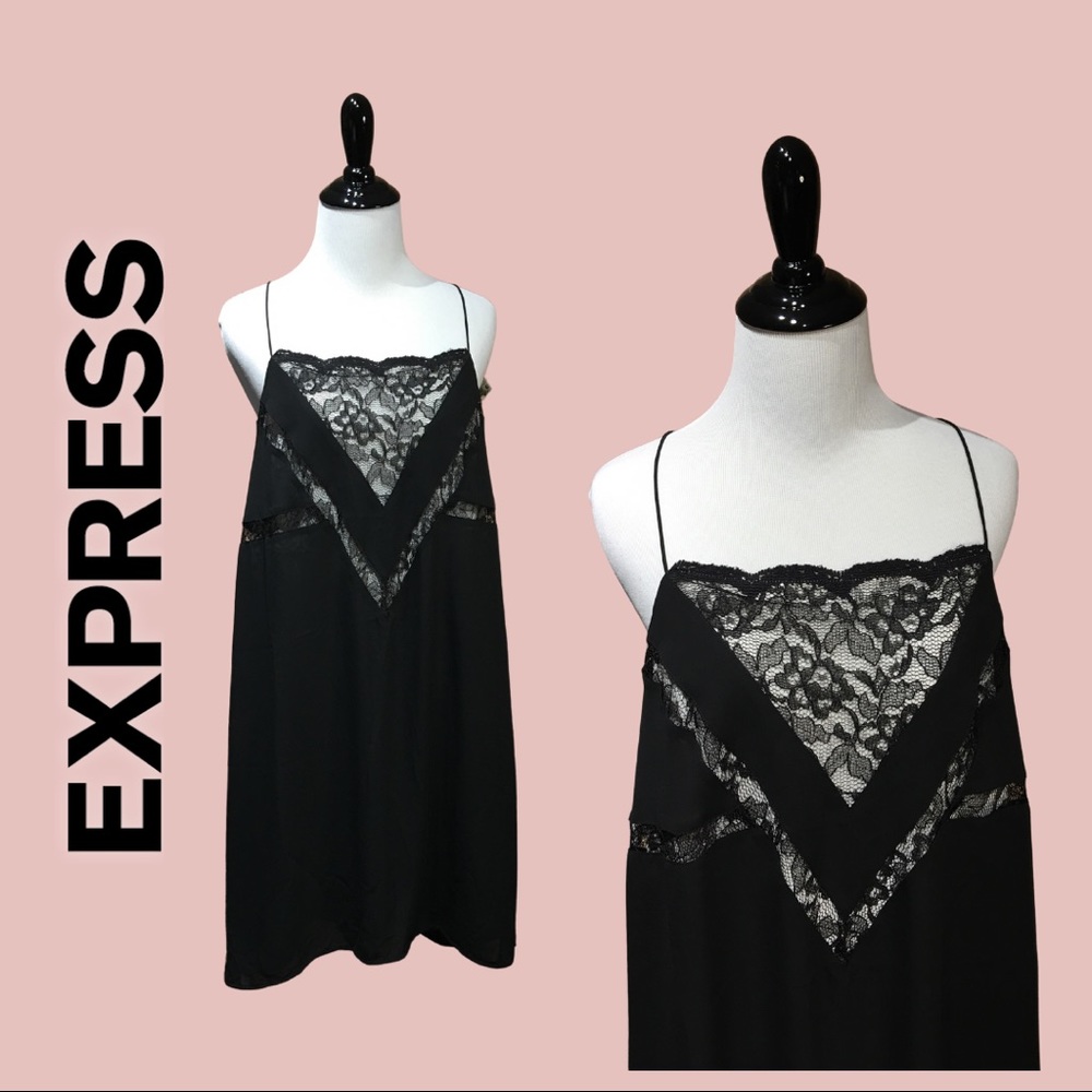 Express Black Lace-Trim Mini Slip Dress